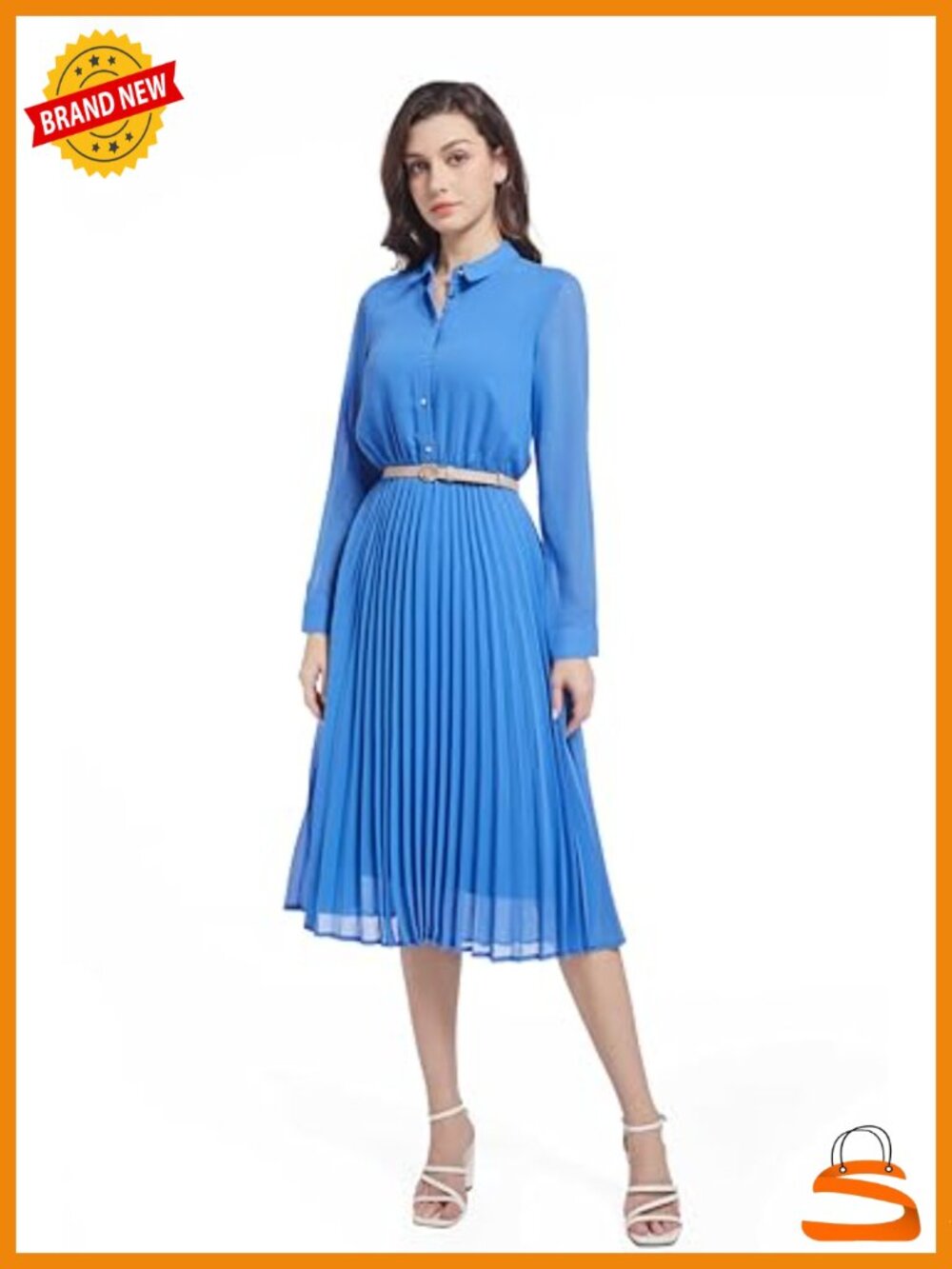 Women's Collared Button Down Shirt Midi Dress with Faux Leather Belt Pleated